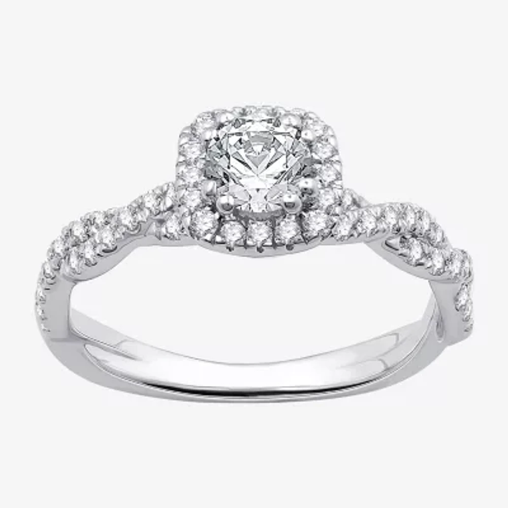 (G / Si1-Si2) Womens 1 CT. T.W. Lab Grown White Diamond 10K Gold Cushion Side Stone Halo Engagement Ring