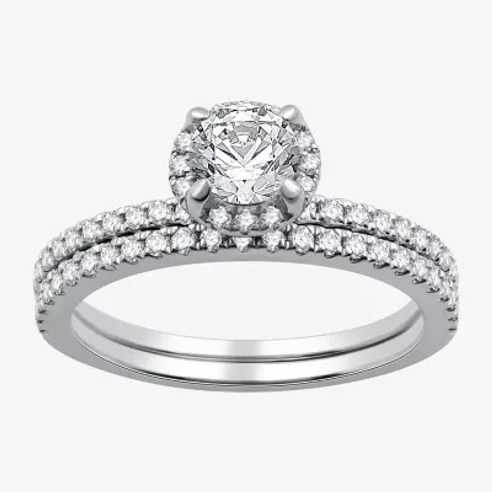 I Said Yes (G / Si1-Si2) Womens 1 CT. T.W. Lab Grown White Diamond Sterling Silver Round Side Stone Halo Bridal Set