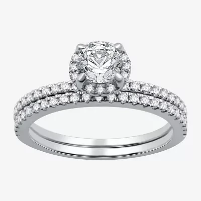 I Said Yes (G / Si1-Si2) Womens 1 CT. T.W. Lab Grown White Diamond Sterling Silver Round Side Stone Halo Bridal Set