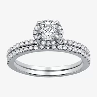 I Said Yes (G / Si1-Si2) Womens 1 CT. T.W. Lab Grown White Diamond Sterling Silver Round Side Stone Halo Bridal Set