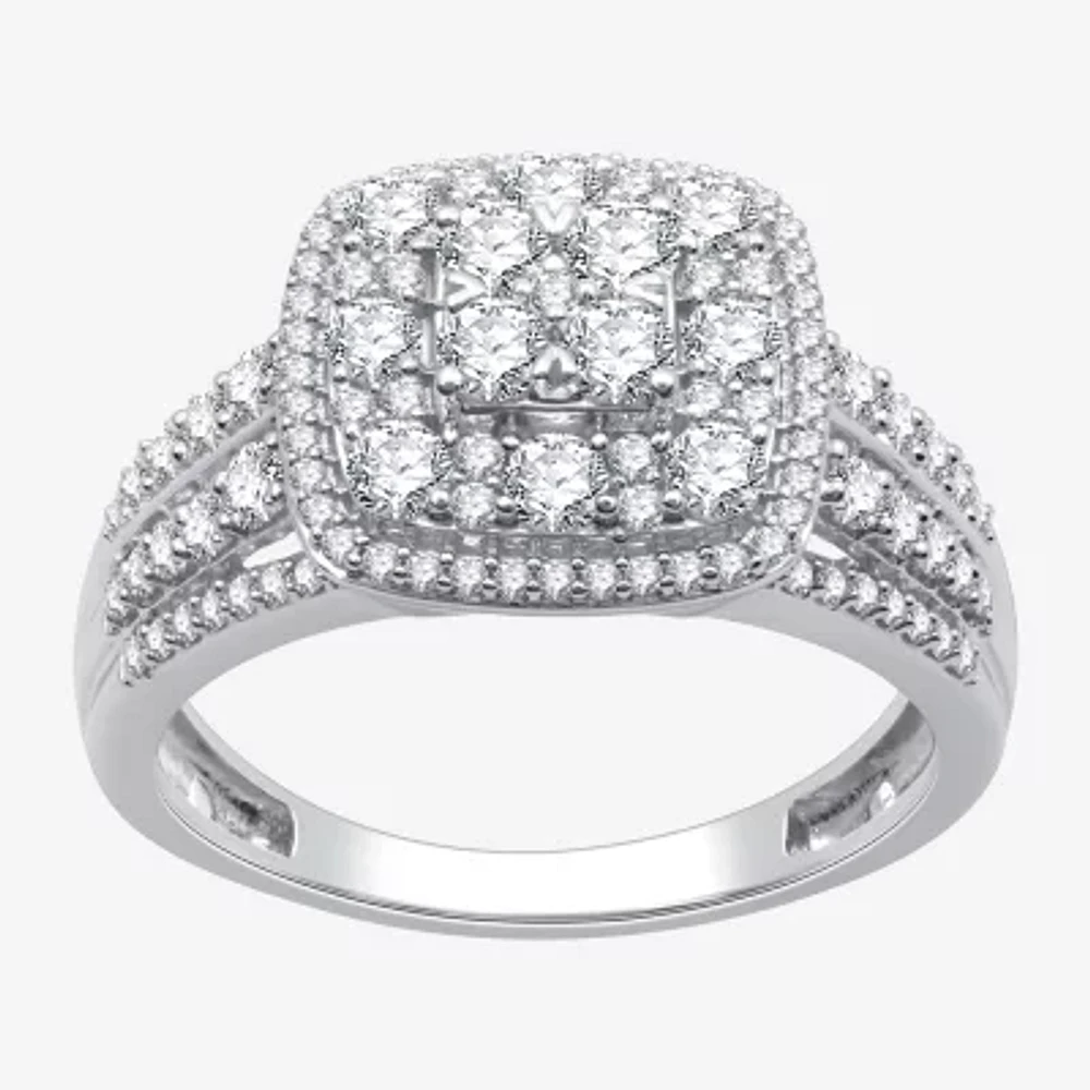 Womens 1 CT. T.W. Lab Grown White Diamond Sterling Silver Cushion Halo Side Stone Cocktail Ring