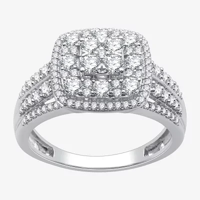 Womens 1 CT. T.W. Lab Grown White Diamond Sterling Silver Cushion Halo Side Stone Cocktail Ring