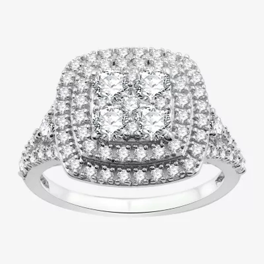 Womens 1 1/2 CT. T.W. Lab Grown White Diamond Sterling Silver Cushion Halo Side Stone Cocktail Ring
