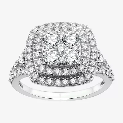 Womens 1 1/2 CT. T.W. Lab Grown White Diamond Sterling Silver Cushion Halo Side Stone Cocktail Ring