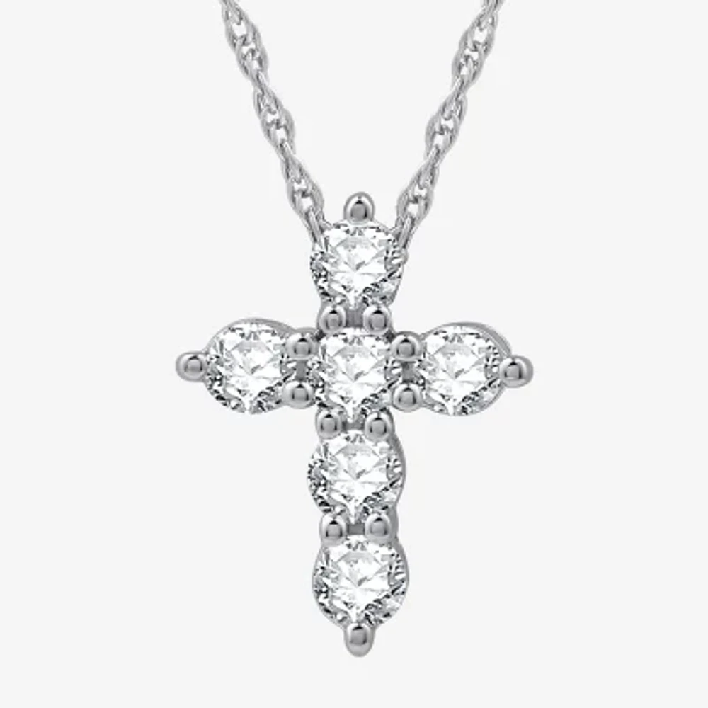 Womens 1/2 CT. T.W. Lab Grown White Diamond Sterling Silver OR 14K Gold Over Cross Pendant Necklace