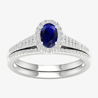 Modern Bride Gemstone and 1/3 CT. T.W. Diamond Halo Bridal Set 10K Gold