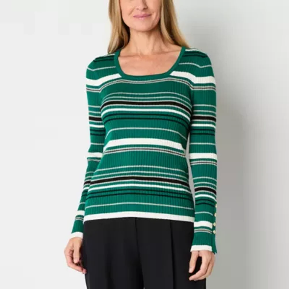 Liz Claiborne Tall Womens Crew Neck Long Sleeve Striped Pullover Sweater