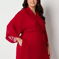 Ambrielle Womens Plus Satin Long Sleeve Knee Length Robe