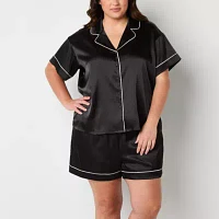 Ambrielle Womens Plus Satin Short Sleeve 2-pc. Shorts Pajama Set