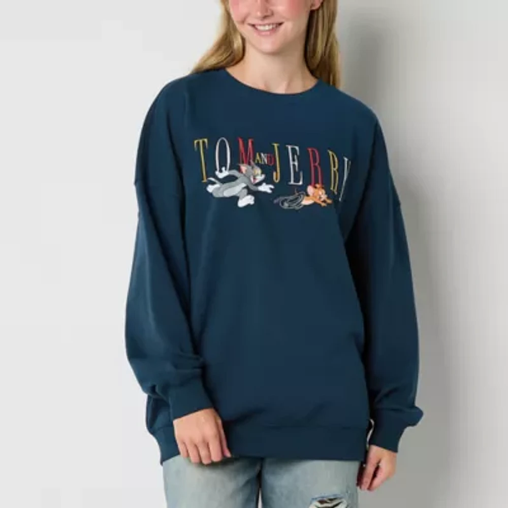 Juniors Embroidered Oversized Womens Crew Neck Long Sleeve Tom and Jerry Sweatshirt