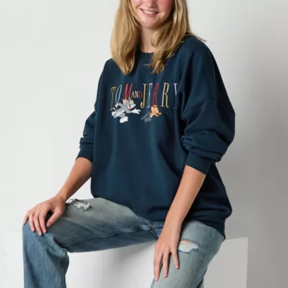 Juniors Embroidered Oversized Womens Crew Neck Long Sleeve Tom and Jerry Sweatshirt