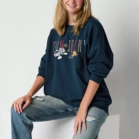 Juniors Embroidered Oversized Womens Crew Neck Long Sleeve Tom and Jerry Sweatshirt