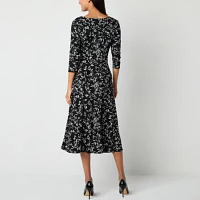 Perceptions Womens 3/4 Sleeve Leaf Midi Fit + Flare Dress