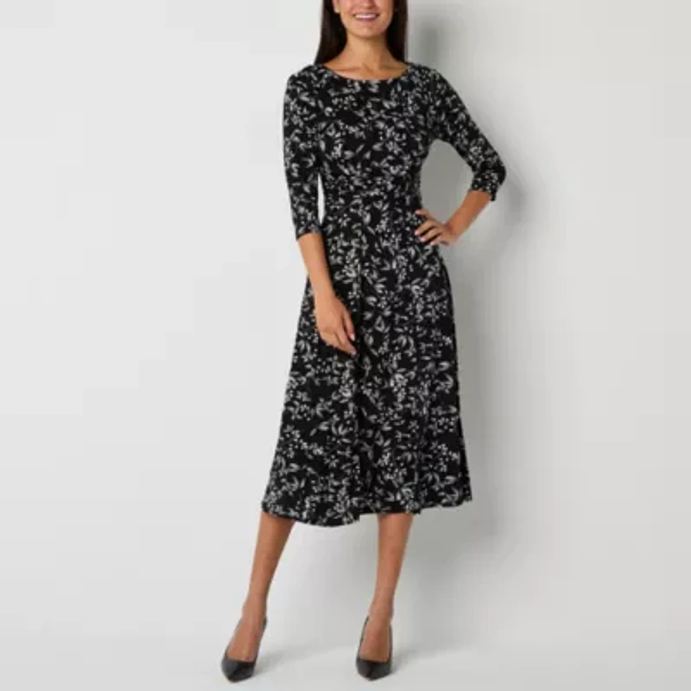 Perceptions Womens 3/4 Sleeve Leaf Midi Fit + Flare Dress