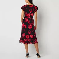 Perceptions Womens Short Sleeve Floral Midi Fit + Flare Dress