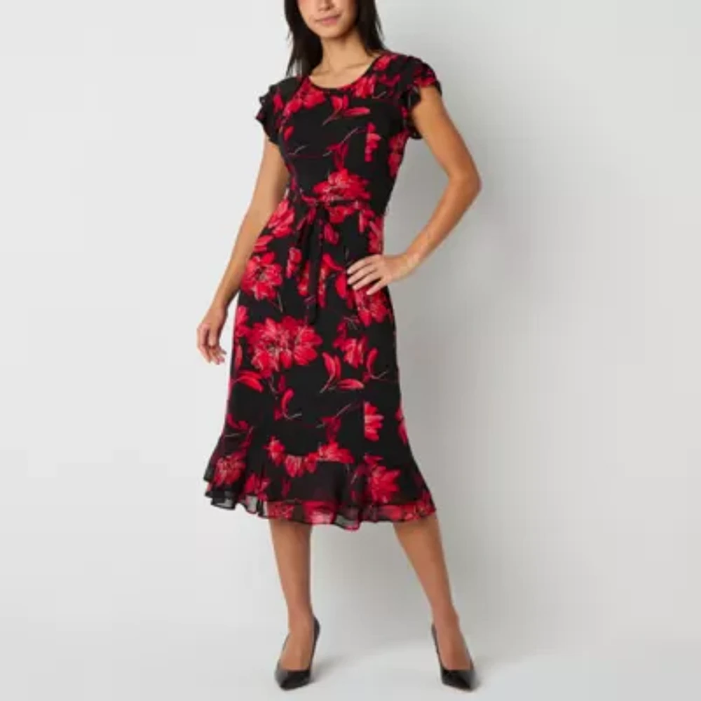 Perceptions Womens Short Sleeve Floral Midi Fit + Flare Dress