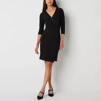 Perceptions Womens 3/4 Sleeve Glitter Trim Sheath Dress