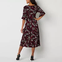 Perceptions Womens 3/4 Sleeve Leaf Puff Print Midi Fit + Flare Dress