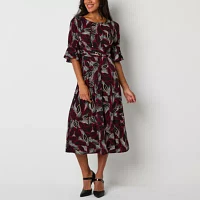 Perceptions Womens 3/4 Sleeve Leaf Puff Print Midi Fit + Flare Dress