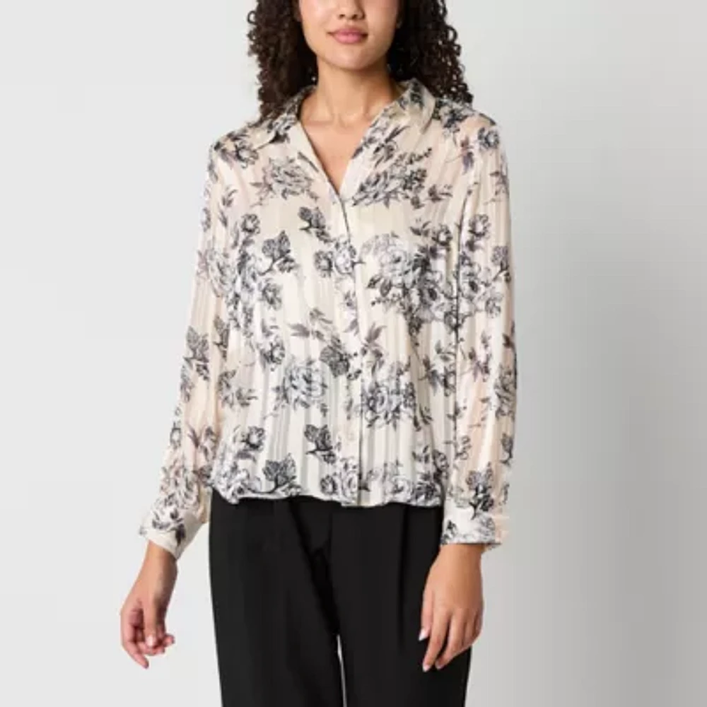 by&by Juniors Womens Long Sleeve Regular Fit Button-Down Shirt