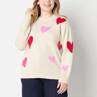 St. John's Bay Plus Womens Crew Neck Long Sleeve Hearts Pullover Sweater