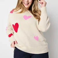 St. John's Bay Plus Womens Crew Neck Long Sleeve Hearts Pullover Sweater