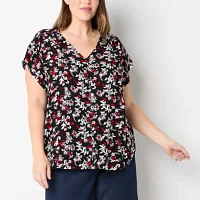 Liz Claiborne Plus Womens V Neck Short Sleeve Blouse