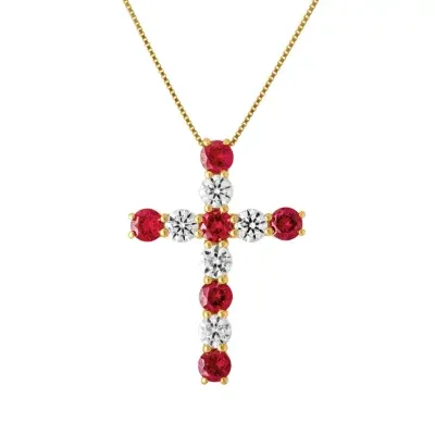 Womens Lab Created Red Ruby 10K Gold Cross Pendant Necklace