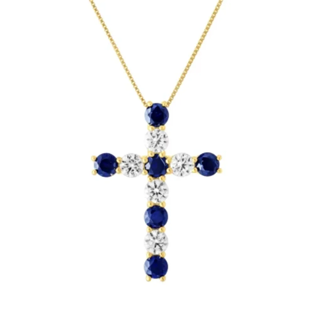 Womens Lab Created Blue Sapphire 10K Gold Cross Pendant Necklace