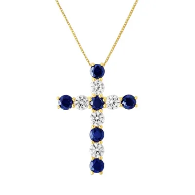 Womens Lab Created Blue Sapphire 10K Gold Cross Pendant Necklace