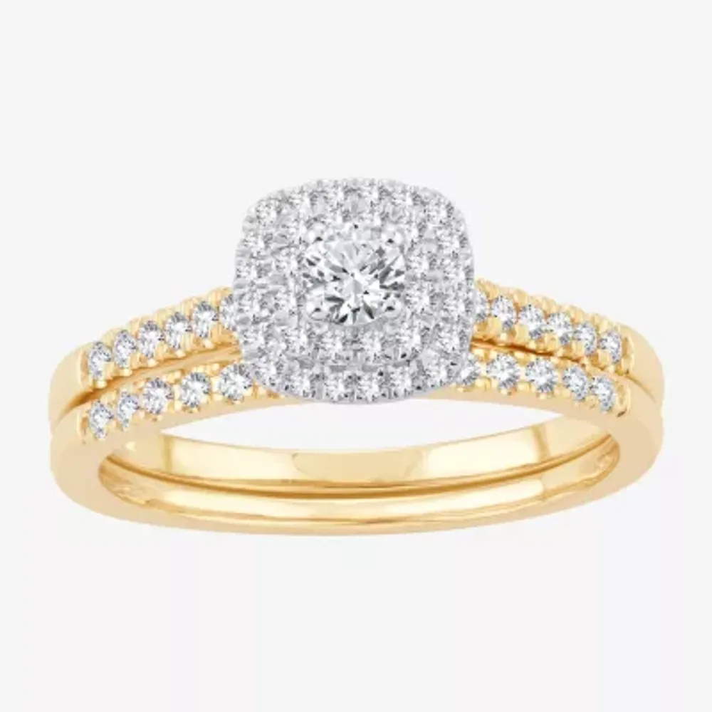 H-I / Si1-Si2) Womens 1/ CT. T.W. Lab Grown White Diamond 10K or 14K Gold Cushion Side Stone Halo Bridal Set