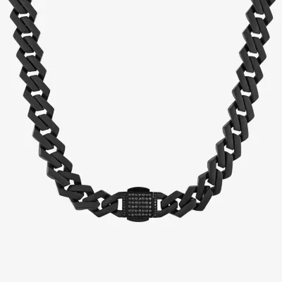 Mens 20 Inch Black Cubic Zirconia Stainless Steel Link Necklace