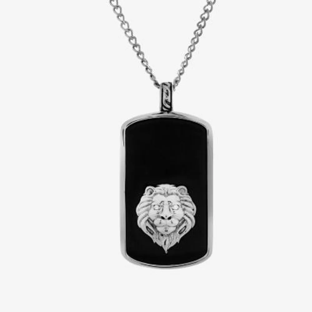 Lion Mens Diamond Accent Simulated White Cubic Zirconia Stainless Steel Dog Tag Pendant Necklace