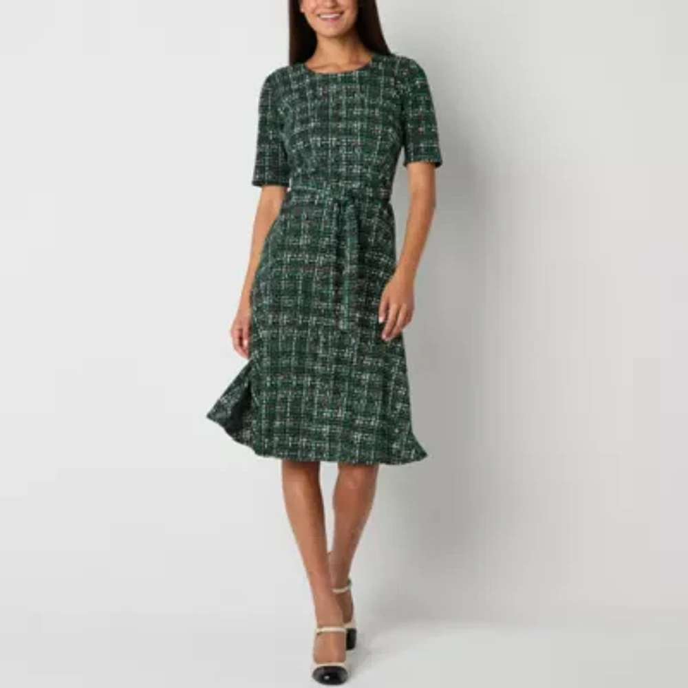 Perceptions Womens Short Sleeve Plaid Fit + Flare Dress