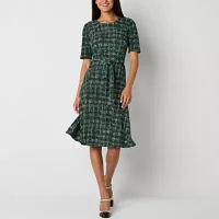 Perceptions Womens Short Sleeve Plaid Fit + Flare Dress