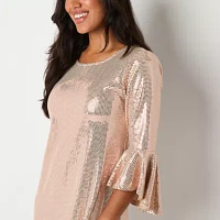 Studio 1 Womens 3/4 Sleeve Sequin Shift Dress