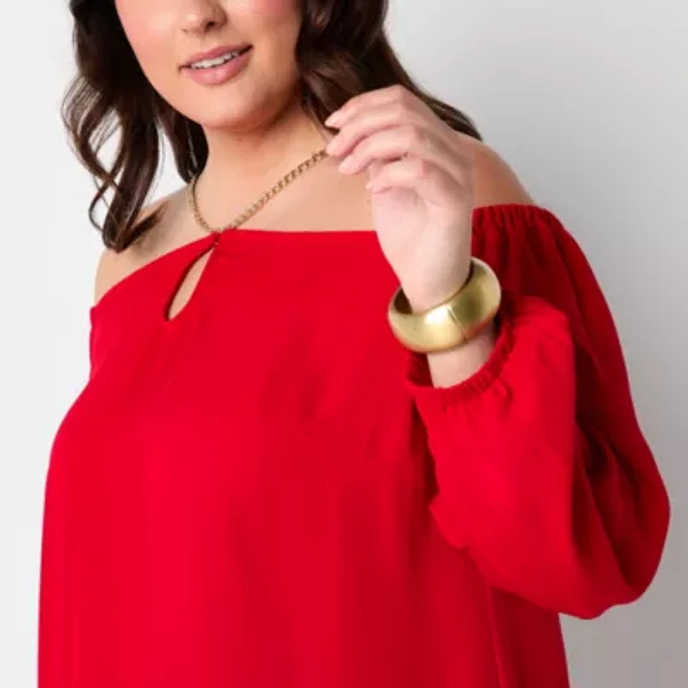Bold Elements Plus Womens Straight Neck Long Sleeve Blouse