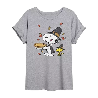 Juniors Snoopy And Woodstock Pie Womens Crew Neck Short Sleeve Peanuts Graphic T-Shirt