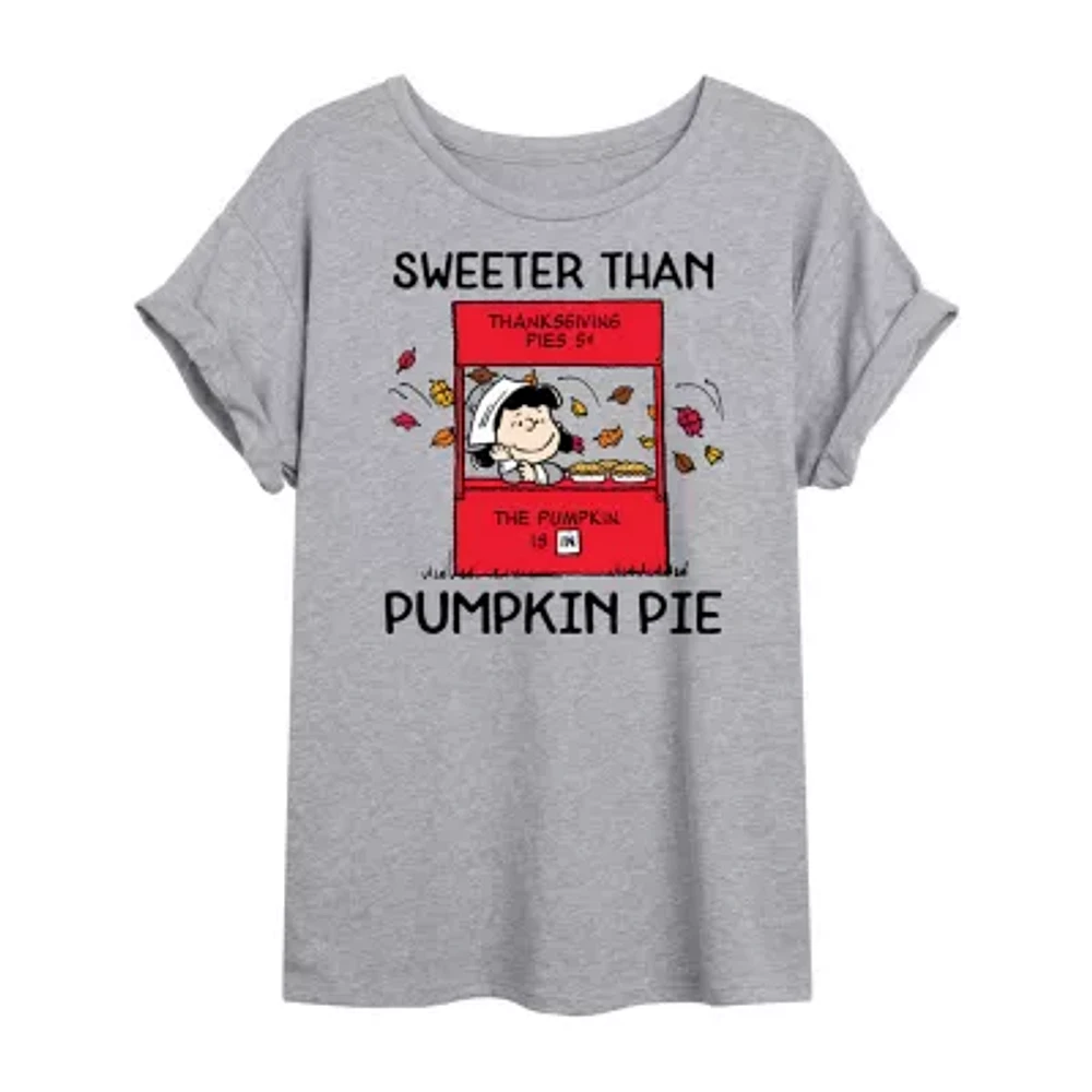 Juniors Peanuts Lucy Sweeter Than Pumpkin Pie Tee Womens Crew Neck Short Sleeve Graphic T-Shirt