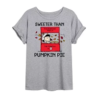 Juniors Peanuts Lucy Sweeter Than Pumpkin Pie Tee Womens Crew Neck Short Sleeve Graphic T-Shirt