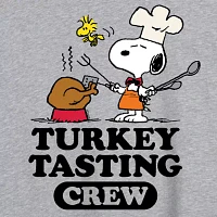 Juniors Snoopy Turkey Tasting Womens Crew Neck Short Sleeve Peanuts Graphic T-Shirt