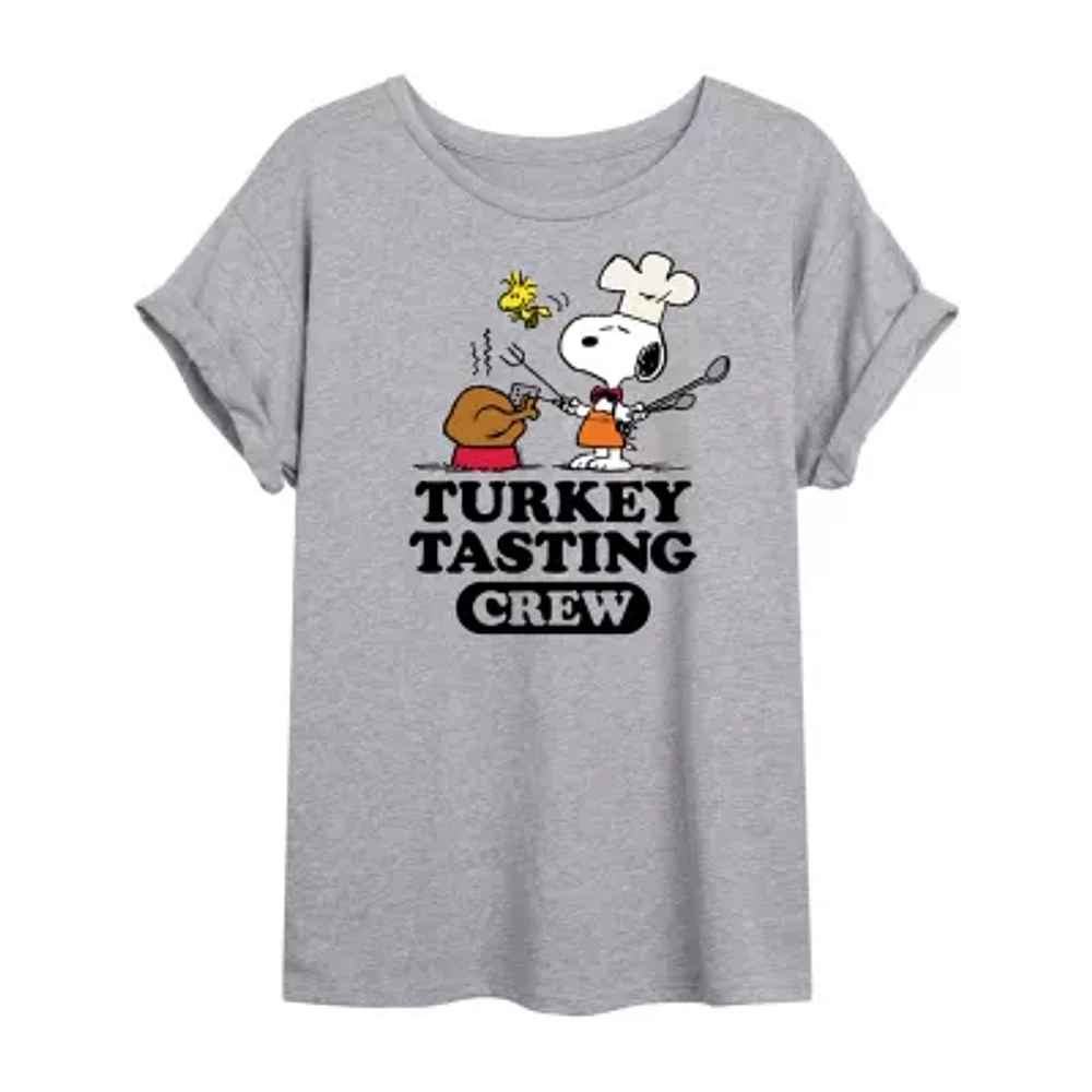 Juniors Snoopy Turkey Tasting Womens Crew Neck Short Sleeve Peanuts Graphic T-Shirt