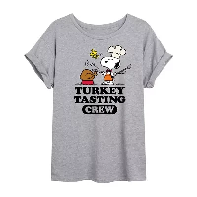 Juniors Snoopy Turkey Tasting Womens Crew Neck Short Sleeve Peanuts Graphic T-Shirt