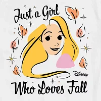 Juniors Disney Rapunzel Girl Who Loves Fall Tee Womens Crew Neck Short Sleeve Tangled Graphic T-Shirt