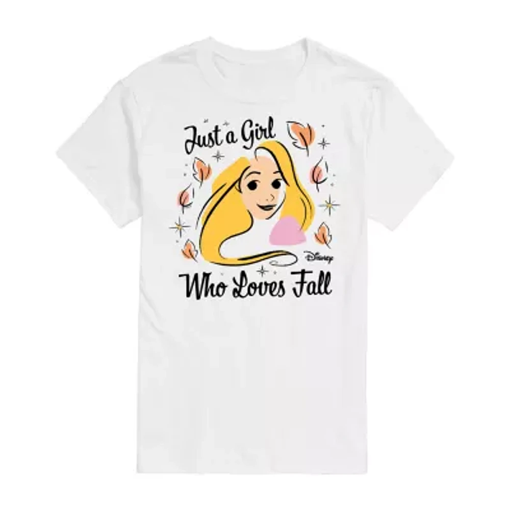 Juniors Disney Rapunzel Girl Who Loves Fall Tee Womens Crew Neck Short Sleeve Tangled Graphic T-Shirt