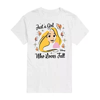 Juniors Disney Rapunzel Girl Who Loves Fall Tee Womens Crew Neck Short Sleeve Tangled Graphic T-Shirt