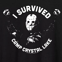 Juniors Halloween I Survived Camp Crystal Lake Tee Womens Crew Neck Short Sleeve Graphic T-Shirt