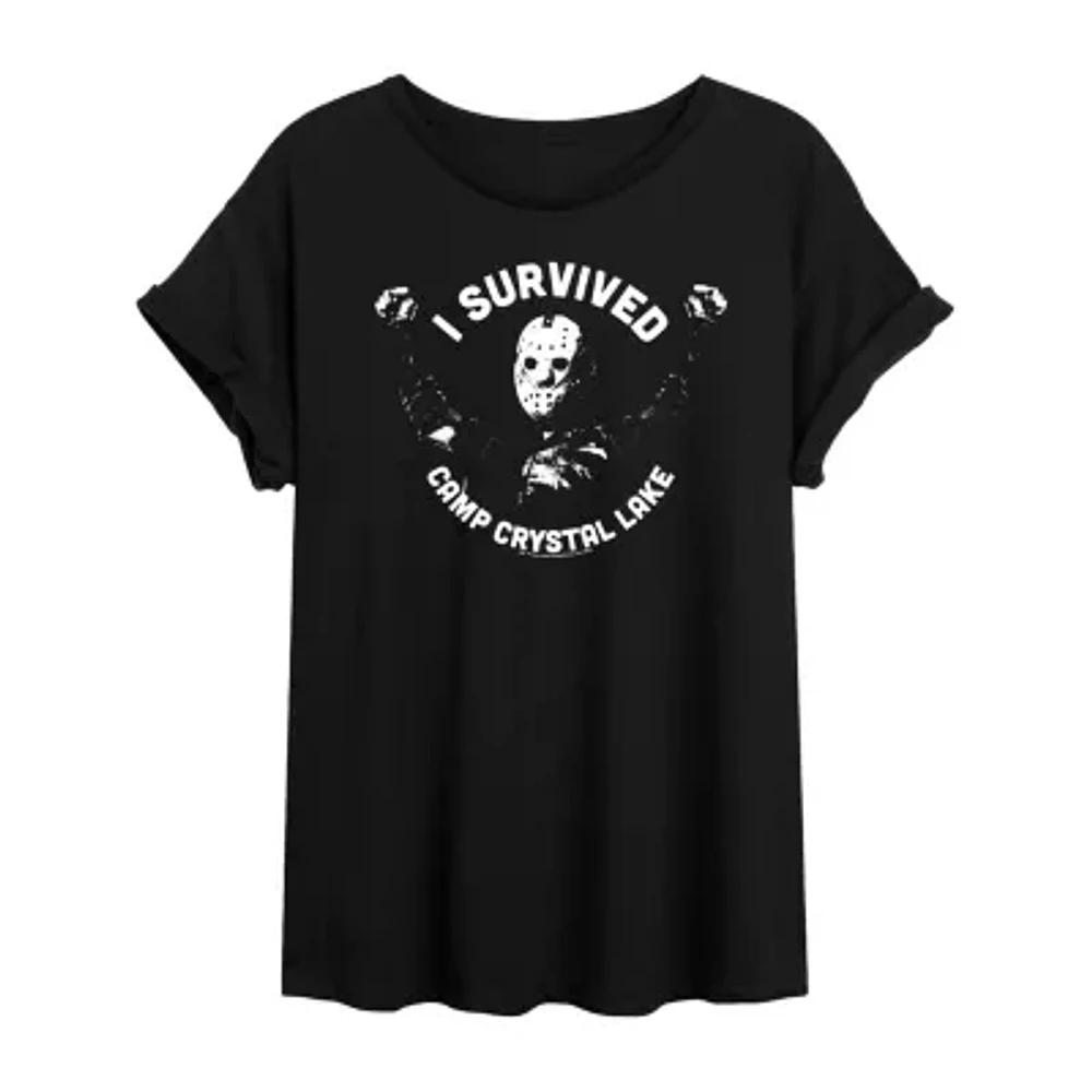 Juniors Halloween I Survived Camp Crystal Lake Tee Womens Crew Neck Short Sleeve Graphic T-Shirt