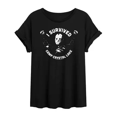 Juniors Halloween I Survived Camp Crystal Lake Tee Womens Crew Neck Short Sleeve Graphic T-Shirt