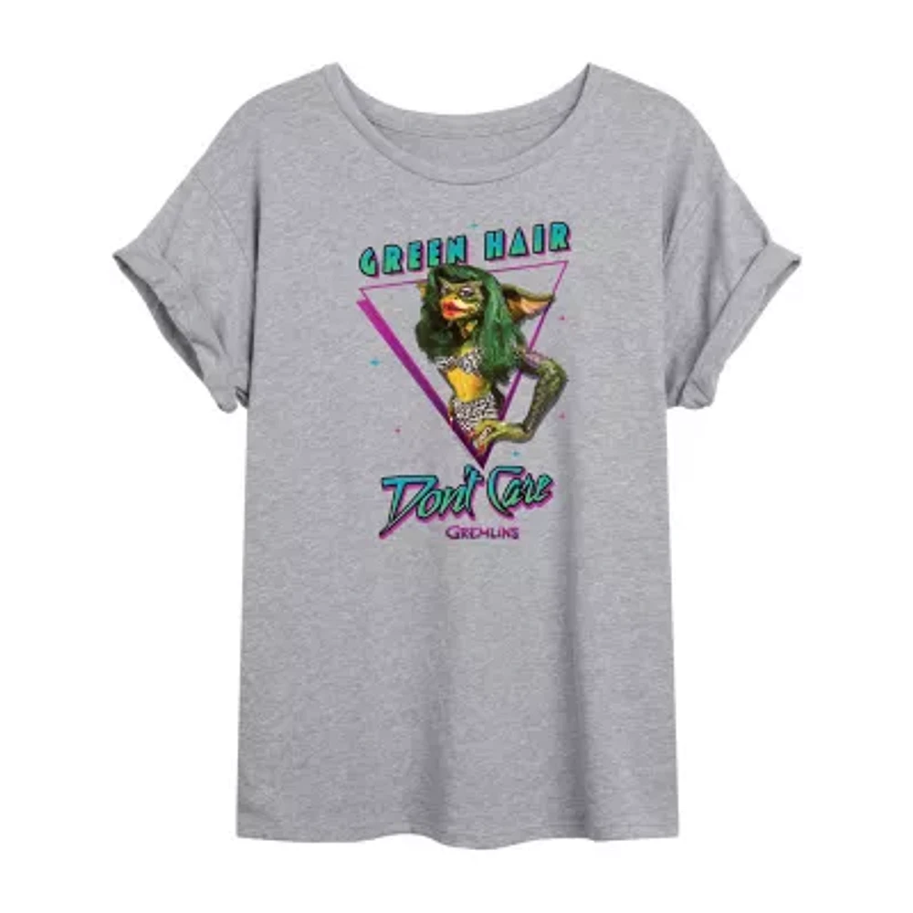 Juniors Gremlins Green Hair Don’T Care Tee Womens Crew Neck Short Sleeve Graphic T-Shirt